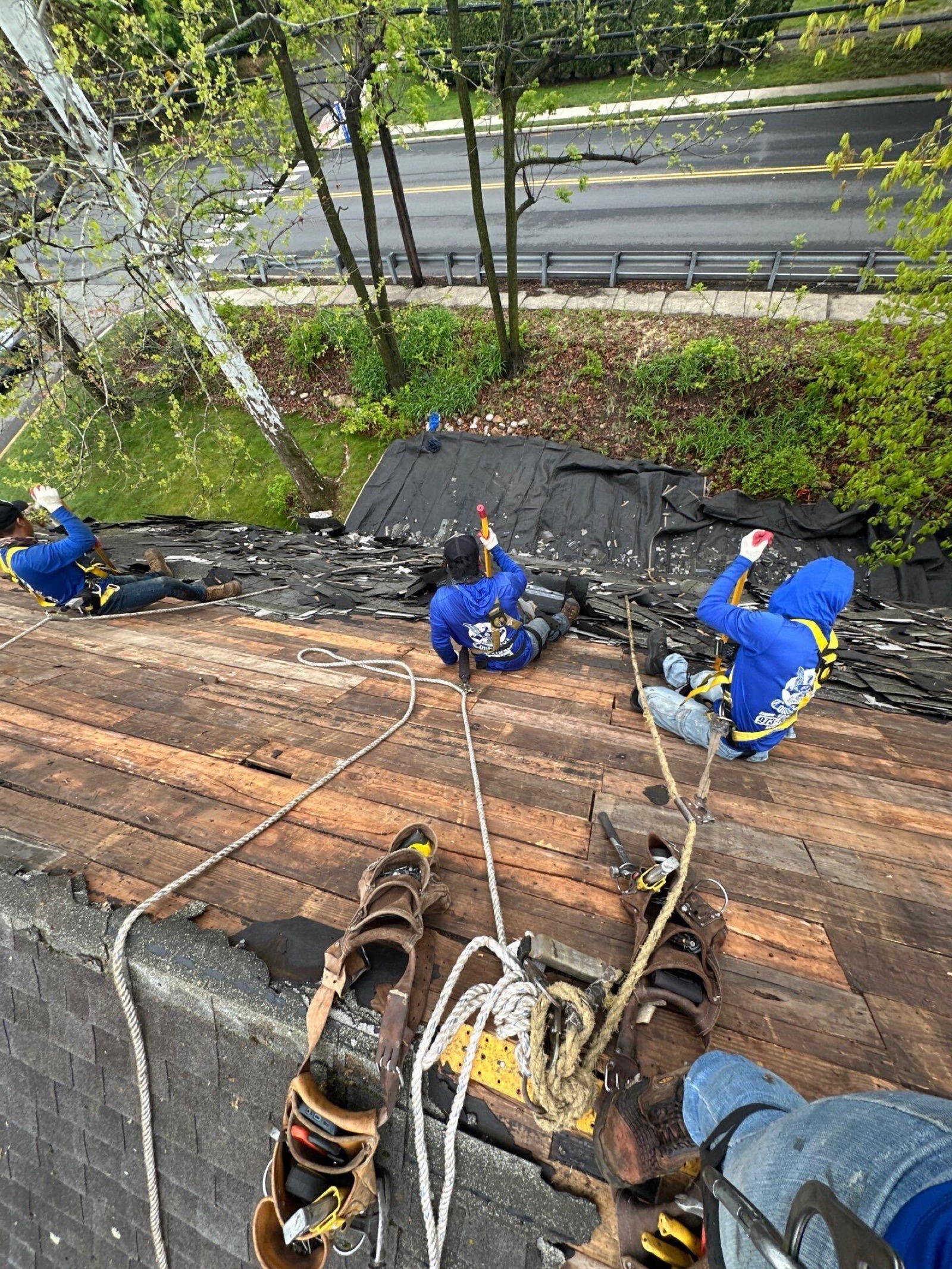 LGM crew roped in and tearing off shingles on a steep slope