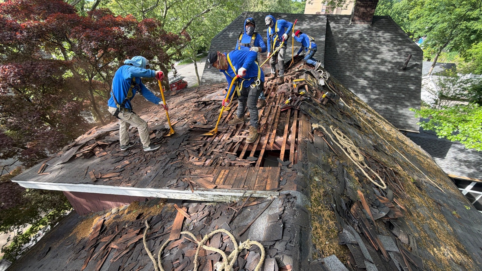 LGM crew stripping old shingles along a steep ridgeline
