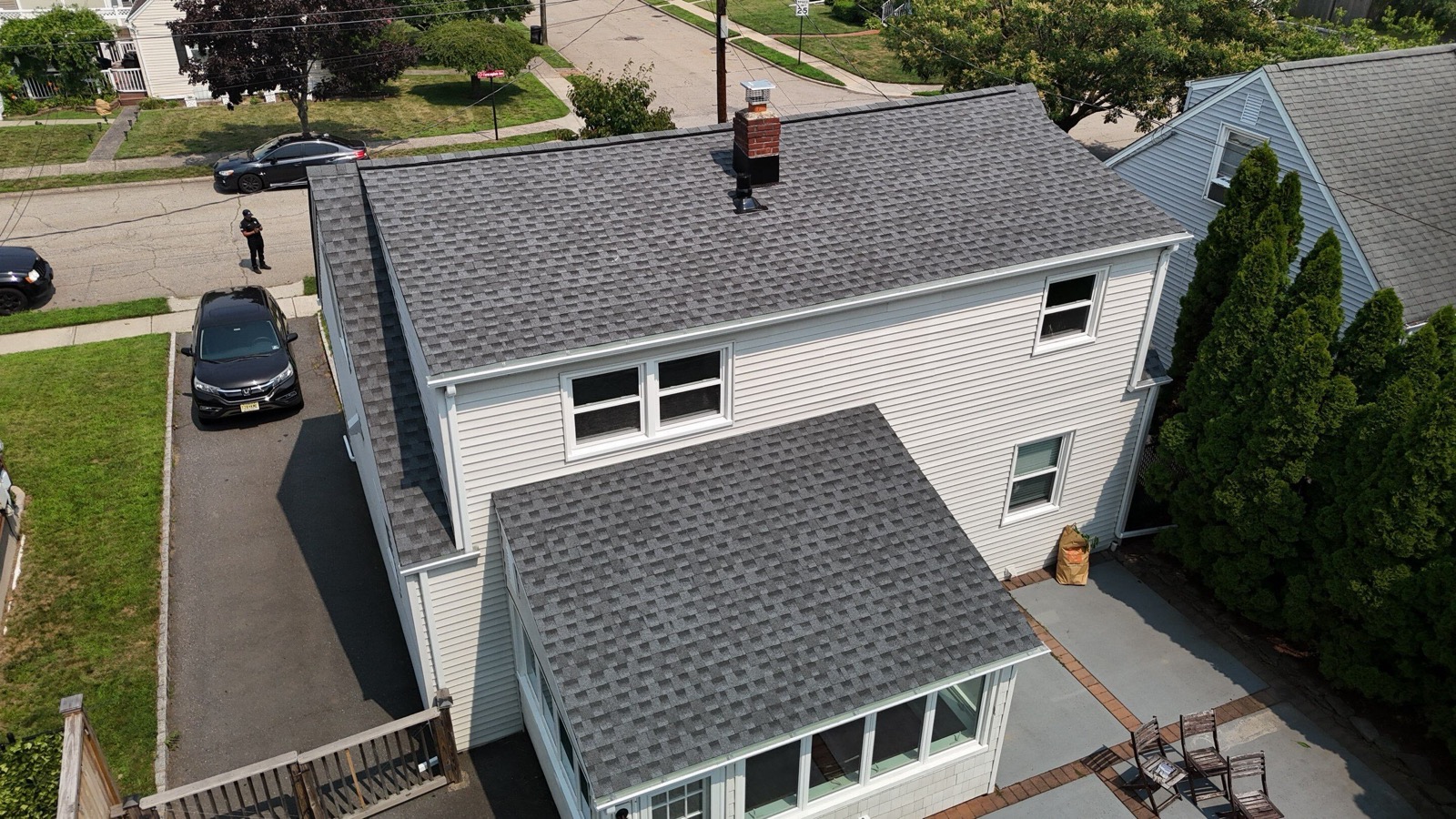 Drone view of a completed GAF shingle roof on a North Jersey home